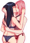 2girls arms artist_request ass back bare_arms bare_shoulders blue_bra blue_hair blue_panties blush bra closed_eyes female female_only friends hime_cut hinata_hyuuga hugging kissing lingerie long_hair love midriff multiple_girls mutual_yuri naruto naruto_shippuden off_shoulder panties pink_hair sakura_haruno short_hair standing strap_slip sweat sweating yuri