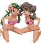 2_girls 2girls :d bare_shoulders bikini blush bra breasts brown_hair cleavage collarbone covered_nipples creatures_(company) dark-skinned_female dark_skin flower game_freak green_eyes green_hair hair_flower hair_ornament humans_of_pokemon kneeling light-skinned_female long_hair looking_at_viewer mallow_(pokemon) mao_(pokemon) multiple_girls nintendo open_mouth panties pink_bikini pokemon pokemon_(anime) pokemon_(game) pokemon_sm pokemon_sun_&_moon pokemon_xy polka_dot polka_dot_bikini ponytail porkyman quad_tails sana_(pokemon) shauna_(pokemon) small_breasts smile string_bikini swimsuit tamagoroo_(funifuni_labo) trial_captain twintails