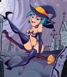  1girl agent_xero big_breasts blue_eyes breasts broom broomstick cleavage cosplay female female_only flying green_hair grimphantom halloween hat lacey_shadows multicolored_hair purple_hair smile solo the_modifyers underboob witch witch_hat 