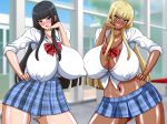 big_breasts black_hair blue_eyes breasts cleavage dual_persona ganguro go_go_heaven school_girl school_uniform smile yellow_hair