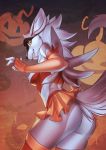 1girl 1girl 2016 anthro ass breasts canine clothing elbow_gloves furry gloves grin halloween holidays legwear mammal nipples skirt stockings upskirt vagabondbastard yellow_eyes