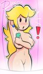  ! blonde_hair blush breasts deufer deufer_(artist) nipples nude paper_peach princess_peach pussy shocking shower standing super_mario_bros. wet 