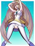  1female aether_foundation bebecake bebecakeart16v big_breasts blonde_hair breasts creatures_(company) female female_only green_eyes human light_blue_background lusamine milf mother pokemon pokemon_sm pussy solo solo_female straight_hair torn_clothes video_game_character white_dress white_leggings 