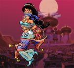  1boy 1girl abu_(aladdin) aladdin_(series) black_hair bondage brunette clothed female female_human gag human long_black_hair long_hair magic_carpet male monkey princess_jasmine saneperson 