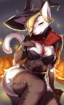  1girl anthro between_breasts blonde_hair blue_eyes breasts cat cleavage clothed clothing corset feline food fruit fur furry hair hair_over_eye hat high_res jack-o&#039;-lantern ksyaro lingerie magic_user mammal mercy_(overwatch) overwatch pumpkin video_games white_fur witch witch_hat 