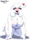 1girl 2016 all_fours anthro areola big_breasts boss_monster breasts caprine eyelashes fangs fur furry goat half-closed_eyes heart highres horn long_ears mammal mature_female milf nipples nude open_mouth parent red_eyes saliva simple_background tongue tongue_out toriel undertale video_games white_background white_fur willisrisque