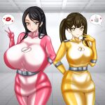 2_girls alluring big_breasts black_hair bodysuit brown_hair gogo_sentai_boukenger mamiya_natsuki medium_breasts nishihori_sakura no_helmet olive_eyes pin_up super_sentai treezero yellow_eyes