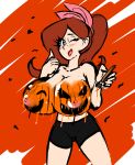 1girl big_breasts bodypaint breasts halloween huge_breasts jack-o'-lantern nipples paint pumpkin_breasts shiny shiny_skin topless wink