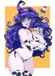 1girl bell bell_collar bikini collar cow_bell cow_print cowbell game_freak hex_maniac_(pokemon) horns long_hair looking_at_viewer milk nintendo panties pokemon purple_hair swimsuit underwear