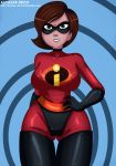 alcasar-reich alcasar-reich_(artist) big_breasts bodysuit breasts brown_eyes brown_hair disney domino_mask female helen_parr mask milf pixar solo the_incredibles