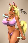 1girl 1girl 2016 anthro big_breasts blonde_hair blue_eyes bottle bra breasts brown_background brown_fur brown_skin cleavage clothed clothing english_text equine food fur furry hair half-closed_eyes high_res horse long_hair looking_at_viewer mammal nipple_bulge panties popsicle signature simple_background smile tailzkim text underwear water wide_hips