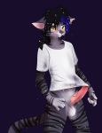 1girl 5_fingers anthro black_fur black_hair blue_hair blush bottomless cat clothed clothing erection feline fur furry grey_fur hair humanoid_penis male mammal penis shirt simple_background standing sugarr t-shirt testicles wet wet_shirt