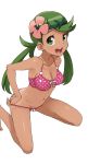 1girl :d bare_shoulders bikini blush breasts cleavage collarbone dark_skin flower green_eyes green_hair hair_flower hair_ornament kneeling long_hair looking_at_viewer mallow mallow_(pokemon) mao_(pokemon) open_mouth pink_bikini pokemon pokemon_(game) pokemon_sm polka_dot polka_dot_bikini smile solo string_bikini swimsuit tamagoroo_(funifuni_labo)