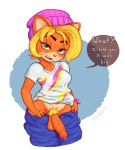  1futa annoyed anthro baggy_clothing baggy_pants beanie big_penis bonkoarts coco_bandicoot crash_(series) crash_bandicoot_4 dickgirl ear_piercing fang flash flashing futa_only futanari jeans large_penis naughty_dog penis precum precum_drip solo_futa text tomboy 