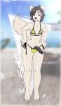 1girl 2016 anthro bikini black_hair black_nose black_penis canine clothing crobat_(artist) cute dingo erection fur furry girly green_eyes hair looking_at_viewer male mammal open_mouth outside ozzy penis seaside smile swimsuit testicles uncut water white_fur