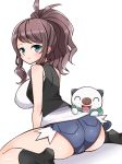  ^_^ ass big_breasts breasts chro_(rulurullu) hilda hilda_(pokemon) looking_at_viewer looking_back oshawott pokemon pokemon_(game) pokemon_bw sideboob sitting touko_(pokemon) 