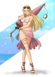  1girl alluring bikini bird blonde_hair blue_eyes breasts cleavage emilie_de_rochefort gdaigonart gloves highres long_hair namco parasol penguin sandals single_glove sunglasses swimsuit tekken tekken_5_dark_resurrection tekken_7 tekken_8 tekken_tag_tournament_2 transparent umbrella 