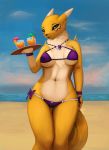 1girl 2016 anthro beach bikini black_sclera breasts clothing cloud digimon facial_markings female_only furry glass high_res markings navel photonoko renamon seaside solo solo_female swimsuit tray tropical_drink water