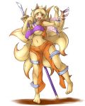  1girl anthro anthrofied armpits big_breasts breasts canine clothed clothing day-t fox fur furry hair long_hair mammal melee_weapon multi_tail ninetales nintendo open_mouth pokemon pokemorph simple_background video_games weapon 