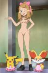 breasts edit fennekin looking_at_viewer nude pikachu pokecatt pokemon pokemon_xy pussy serena smile wink