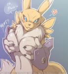 1_anthro 1girl 2016 anthro blue_eyes blush breasts dark_nek0gami digimon english_text female female_anthro female_only fur furry looking_at_viewer nipples renamon solo standing text yellow_fur yin_yang