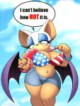 1girl 2020 5_fingers absurd_res american_flag_bikini american_flag_print anthro bikini bikini_top blue_eyes bodily_fluids bottomwear breasts chiropteran clothed clothing clothing_pull cloud dialogue english_text eyelashes fingers food furry hair half-closed_eyes high_res hotpants mammal melting midriff narrowed_eyes navel navel_piercing omegasunburst piercing popsicle rouge_the_bat sega shorts sonic sonic_the_hedgehog_(series) stars_and_stripes sweat swimwear text thick_thighs united_states_of_america white_hair wide_hips wings