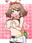 1girl big_breasts breasts checkered_background diamond_background hand_bra haruka_(pokemon) haruka_(pokemon)_(remake) heart looking_at_viewer may pink_background pokemon pokemon_oras shirt_lift