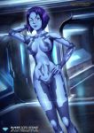 blue_skin blush breasts cortana english english_text halo_(series) hand_on_hip hologram nipples nude purple_hair pussy smile tagme text wink