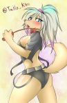 1girl 2015 anthro ass blue_eyes blue_hair blush breasts brown_fur canine clothed clothing dog drooling english_text fur furry hair half-closed_eyes high_res long_hair looking_at_viewer mammal multicolored_hair open_mouth ponytail purple_hair raised_tail saliva side_view sideboob sweat tailzkim text whip white_hair