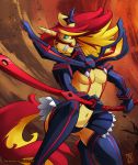 1girl 1girl 2016 anthro anthrofied blonde_hair breasts brown_background clothed clothing crossover english_text equestria_girls equine fur furry green_eyes hair horn kill_la_kill long_hair mammal melee_weapon my_little_pony navel red_fur red_hair senketsu signature simple_background skimpy sunset_shimmer_(eg) sword text unicorn weapon yellow_fur zwitterkitsune