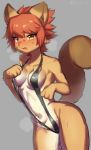  1girl 1girl 2016 anthro armpits band-aid bandage bikini black_nose breasts clothed clothing embarrassed fur furry hair ksyaro mammal navel nipple_bulge orange_fur orange_hair rodent simple_background skimpy sling_bikini squirrel standing sweat swimsuit tan_fur wide_hips yellow_eyes 