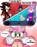 1girl amy_rose anthro areola blaze_the_cat breasts cat clothed clothing comic dialogue feline furry gloves green_eyes hedgehog male mammal metal_sonic midriff navel nude sandunky sega shadow_the_hedgehog silver_the_hedgehog text video_games