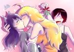 3girls ahoge animal_ears arsonicartz arsonicartz_(artist) art babe bare_shoulders big_breasts black_hair blake_belladonna blonde blonde_hair blush breasts cat_ears catgirl eye_contact friends hugging kissing leaning leaning_back leaning_forward long_hair looking_at_another love multiple_girls open_mouth pink_background purple_eyes red_hair round_teeth ruby_rose rwby short_hair siblings sisters surprised tank_top teeth upper_body yang_xiao_long yellow_eyes yuri