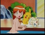 alternate_hair_style alternate_hairstyle anime ass ass_crack bare_back bath breasts butt_crack edit female hair hair_down human indoors kasumi_(pokemon) long_hair looking_back misty nude open_mouth pikachu pokecatt pokemon pokemon_(anime) pool sitting soap_suds standing teen togepi trio water