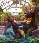 2016 anthro anubian_jackal big_penis black_fur bracelet breasts canine deity detailed_background dickgirl dreadlocks fur furry grin intersex jackal jewelry leaves mammal nipples nude penis photo_background sorafoxyteils swimming_pool tail_ring testicles vein veiny_penis water yellow_lipstick