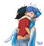  1boy 1girl ash_ketchum blue_dress blue_hair blush clothed clothed_sex dark_gargo dress female female_human heart human human/human male male/female male_human miette millefeui_(pokemon) mostly_clothed one_eye_closed pokemon pokemon_xy satoshi_(pokemon) sex socks suspended_congress 