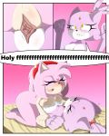  1girl amy_rose anthro biting_lip blaze_the_cat blush breast_squish breasts breasts_frottage cat closed_eyes comic dialogue duo english_text feline female/female fur furry hair hedgehog mammal nipples nude pink_fur pink_hair purple_fur pussy pussy_juice sandunky sega sex text tribadism yellow_eyes 