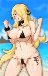 areola areola_slip beach big_breasts bikini black_bikini blush bra_slip breasts chubby cynthia hair_over_one_eye huge_breasts looking_at_viewer nipple_slip ocean pokemon sand shirona_(pokemon) side-tie_bikini string_bikini sweat sweating water