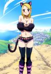 1girl animal_ears animal_tail babe big_breasts blonde_hair blush breasts cat_ears cat_tail cleavage embarrassed fairy_tail hair long_hair looking_at_viewer lucy_heartfilia outdoor outdoors outside tail