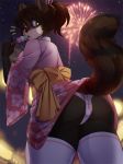  1girl 1girl 2016 5_fingers anthro ass black_fur black_nose brown_fur brown_hair candy clothing detailed_background fireworks food fur furry green_eyes hair iwbitu japanese_clothing kimono lantern legwear looking_back mammal night open_mouth panties raccoon sash socks surprise teeth tongue underwear upskirt 