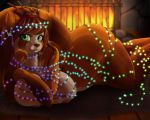 1girl 1girl 2016 anthro areola ass breasts brown_hair cheezayballz christmas_lights fire fireplace furry green_eyes hair inside long_hair looking_at_viewer lying mammal nipple_piercing nipples piercing red_panda