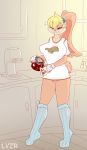 1girl 1girl 2016 anthro beverage big_breasts blonde_hair breasts brown_fur cameltoe closed_eyes clothed clothing coffee cup english_text fur furry hair huge_breasts inside kitchen lagomorph legwear lola_bunny looney_tunes lysergide mammal nipple_bulge rabbit shirt signature smile socks space_jam text underwear warner_brothers