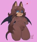 ... 1girl 2016 anthro bat bat_wings black_nose breasts brown_eyes brown_fur chest_tuft eyeshadow fan_character fur furry half-closed_eyes heart inverted_nipples makeup mammal membranous_wings myra_the_bat_(oc) navel nipples nude purple_background pussy signature simple_background tuft wings witchofavalon yellow_eyes