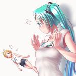  ... 1girl aqua_eyes aqua_hair aqua_nails bangs breast_conscious breasts cellphone collarbone covered_nipples earrings fingernails from_side hair_ornament hands_up hatsune_miku jewelry kagamine_rin light_frown long_hair looking_down meme miku_hatsune nail_polish phone see-through shirt sleeveless sleeveless_shirt small smartphone solo stud_earrings tank_top tawawa_challenge twin_tails twitter vocaloid white_background white_shirt wokada 