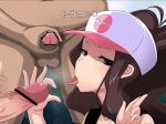 bar_censor clothed_female_nude_male heart hilda hold_penis holding_penis jerking looking_at_viewer masturbation on_knees penis_hold pokemon pokemon_(game) pokemon_black_and_white pokemon_bw standing text threesome tongue tongue_out touko_(pokemon) translated