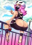 \m/ alolan_exeggutor alolan_pokemon ass big_ass big_breasts breasts cleavage dat_ass exeggutor female looking_at_viewer looking_back pokemon pokemon_(game) pokemon_sm shadman solo team_skull team_skull_grunt tease