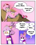  1girl amy_rose anthro blaze_the_cat blush bottomless breasts cat clothed clothing comic dialogue duo english_text feline female/female fur furry gloves green_eyes hair hedgehog mammal navel nipples pink_fur pink_hair presenting presenting_pussy purple_fur pussy raised_shirt sandunky sega spread_legs spreading text yellow_eyes 