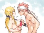 1boy 1girl art artist_request babe bikini bikini_pull bikini_top blonde_hair blush couple eye_contact fairy_tail flying_sweatdrops friends hair hetero long_hair looking_at_another looking_at_each_other love lucy_heartfilia natsu_dragneel pink_hair red_bikini red_bikini_top short_hair signature