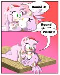  1girl amy_rose anthro blaze_the_cat blush breast_squish breasts cat comic dialogue duo english_text feline female/female fur furry gradient_background green_eyes hair hedgehog mammal nipples nude pink_fur pink_hair purple_fur sandunky sega simple_background text yellow_eyes 