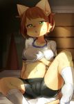  1girl 1girl 2016 anthro arm_support black_nose blush breasts brown_hair cameltoe cheek_tuft clothing feline furry green_eyes gym gym_uniform hair hand_on_breast inner_ear_fluff inside kemono ksyaro legwear lighting looking_at_viewer mammal midriff navel reclining short_hair sitting socks spandex spread_legs spreading sweat tight_clothing tuft 